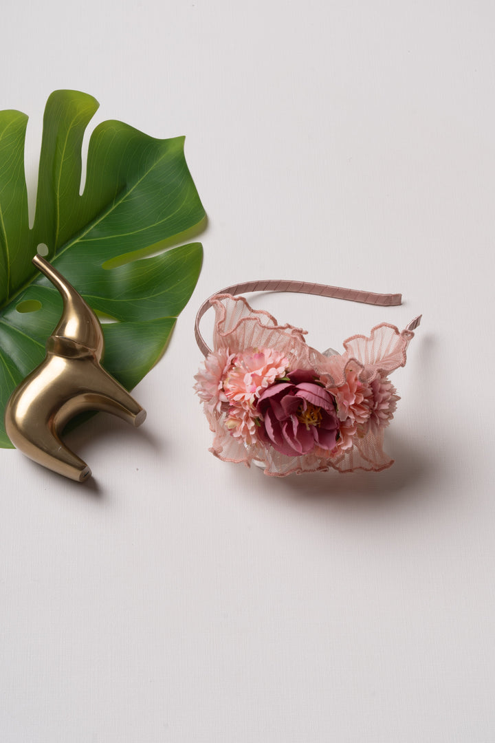 The Nesavu Hair Band Chic Coral Blossom Hairband with Ruffled Lace Detail Nesavu Pink JHB81C Floral Coral Hairband with Lace | Stylish Spring Accessory for All Ages | The Nesavu