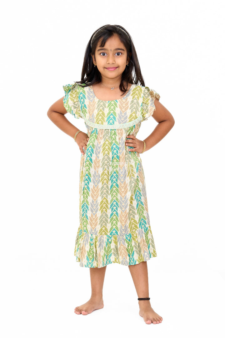 The Nesavu Girls Cotton Frock Chic Girls Cotton Summer Frock with Chevron Pattern and Breathable Rayon Fabric Nesavu 16 (1Y) / Green GFC1550A-16 Nesavu Girls Cotton Summer Frock Chevron Print Lace Yoke Ruffled Hemline