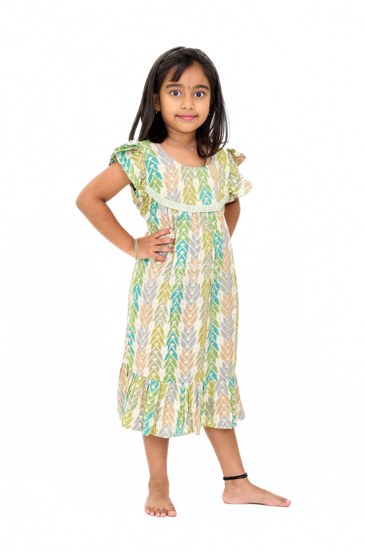 The Nesavu Girls Cotton Frock Chic Girls Cotton Summer Frock with Chevron Pattern and Breathable Rayon Fabric Nesavu Nesavu Girls Cotton Summer Frock Chevron Print Lace Yoke Ruffled Hemline