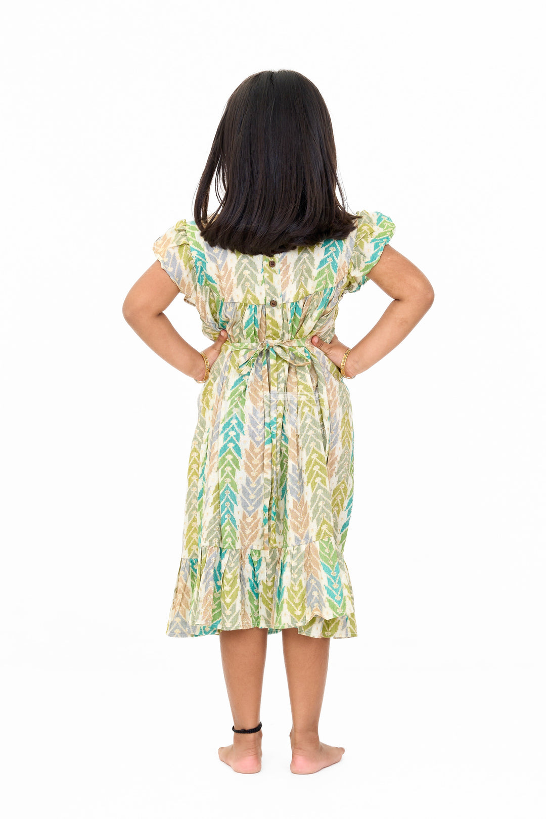 The Nesavu Girls Cotton Frock Chic Girls Cotton Summer Frock with Chevron Pattern and Breathable Rayon Fabric Nesavu Nesavu Girls Cotton Summer Frock Chevron Print Lace Yoke Ruffled Hemline
