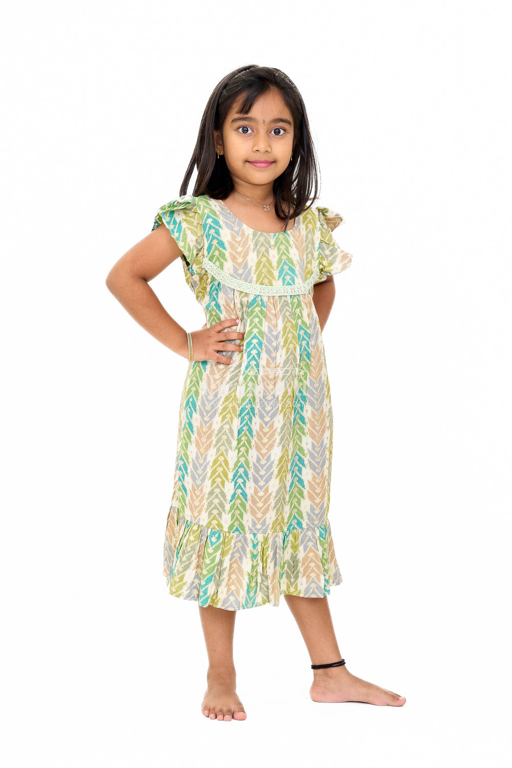 The Nesavu Girls Cotton Frock Chic Girls Cotton Summer Frock with Chevron Pattern and Breathable Rayon Fabric Nesavu Nesavu Girls Cotton Summer Frock Chevron Print Lace Yoke Ruffled Hemline