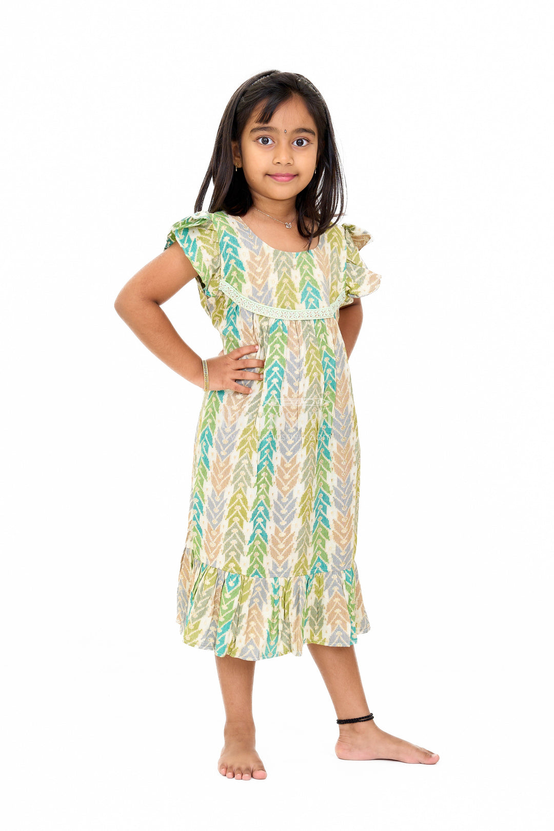 The Nesavu Girls Cotton Frock Chic Girls Cotton Summer Frock with Chevron Pattern and Breathable Rayon Fabric Nesavu Nesavu Girls Cotton Summer Frock Chevron Print Lace Yoke Ruffled Hemline