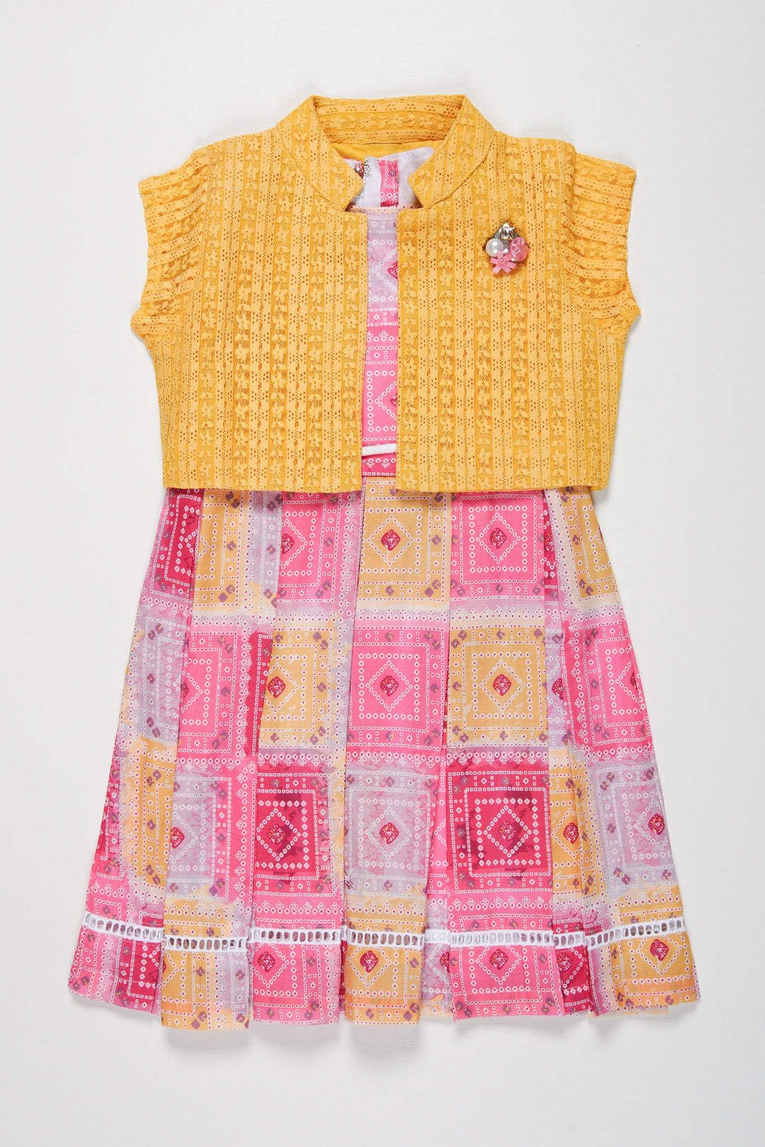 The Nesavu Girls Cotton Frock Chic Girls Summer Cotton Frock with Matching Jacket - Bright and Playful Patterns Nesavu 22 (4Y) / Pink / Cotton GFC1322B-22 Discover Adorable Summer Cotton Frocks for Girls | Bright Geometric Designs | The Nesavu