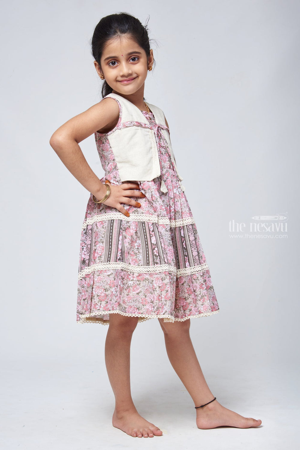 The Nesavu Girls Cotton Frock Chic Half White Floral Frock - Stylish Girls Cotton Dress Nesavu Cotton Printed Frock | Cotton Frocks For Daily Wear | The Nesavu