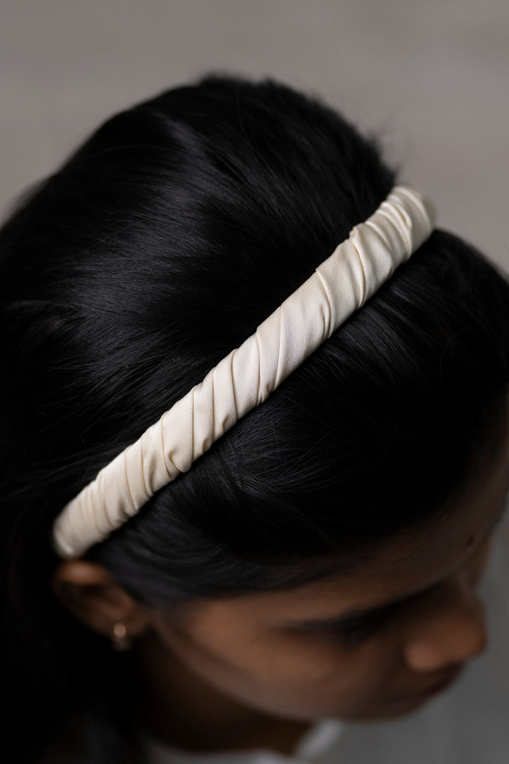 The Nesavu Hair Band Chic Ivory Pleated Satin Hairband for Girls Nesavu White JHB84D Stylish Ivory Pleated Satin Hairband for All Occasions | The Nesavu