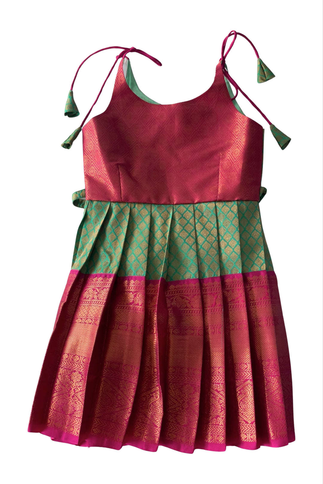 The Nesavu Tie-up Frock Chic Magenta and Green Tie-Up Silk Frock for Girls - Traditional Elegance Nesavu 14 (6M) / Green / Style 1 T304A-14 Girls Magenta & Green Silk Frock | Festive Tie-Up Design | Classic Cultural Attire | The Nesavu
