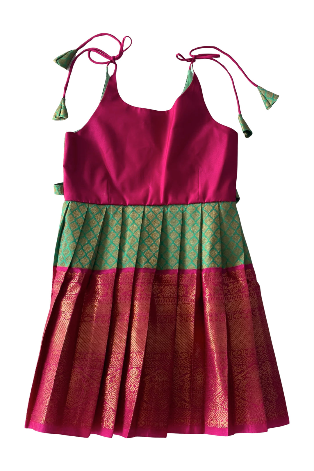 The Nesavu Tie-up Frock Chic Magenta and Green Tie-Up Silk Frock for Girls - Traditional Elegance Nesavu 14 (6M) / Green / Style 2 T304B-14 Girls Magenta & Green Silk Frock | Festive Tie-Up Design | Classic Cultural Attire | The Nesavu