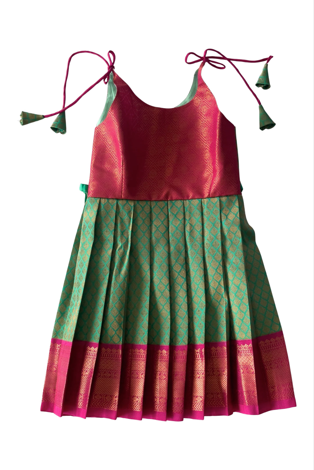 The Nesavu Tie-up Frock Chic Magenta and Green Tie-Up Silk Frock for Girls - Traditional Elegance Nesavu 14 (6M) / Green / Style 3 T304C-14 Girls Magenta & Green Silk Frock | Festive Tie-Up Design | Classic Cultural Attire | The Nesavu