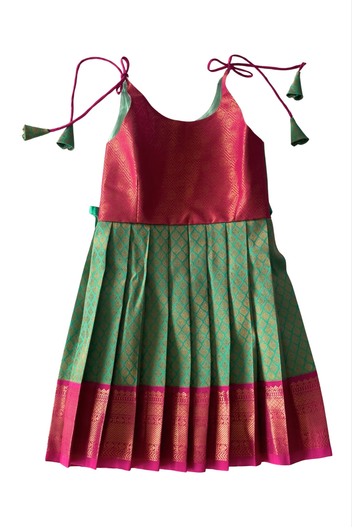 The Nesavu Tie-up Frock Chic Magenta and Green Tie-Up Silk Frock for Girls - Traditional Elegance Nesavu 14 (6M) / Green / Style 3 T304C-14 Girls Magenta & Green Silk Frock | Festive Tie-Up Design | Classic Cultural Attire | The Nesavu