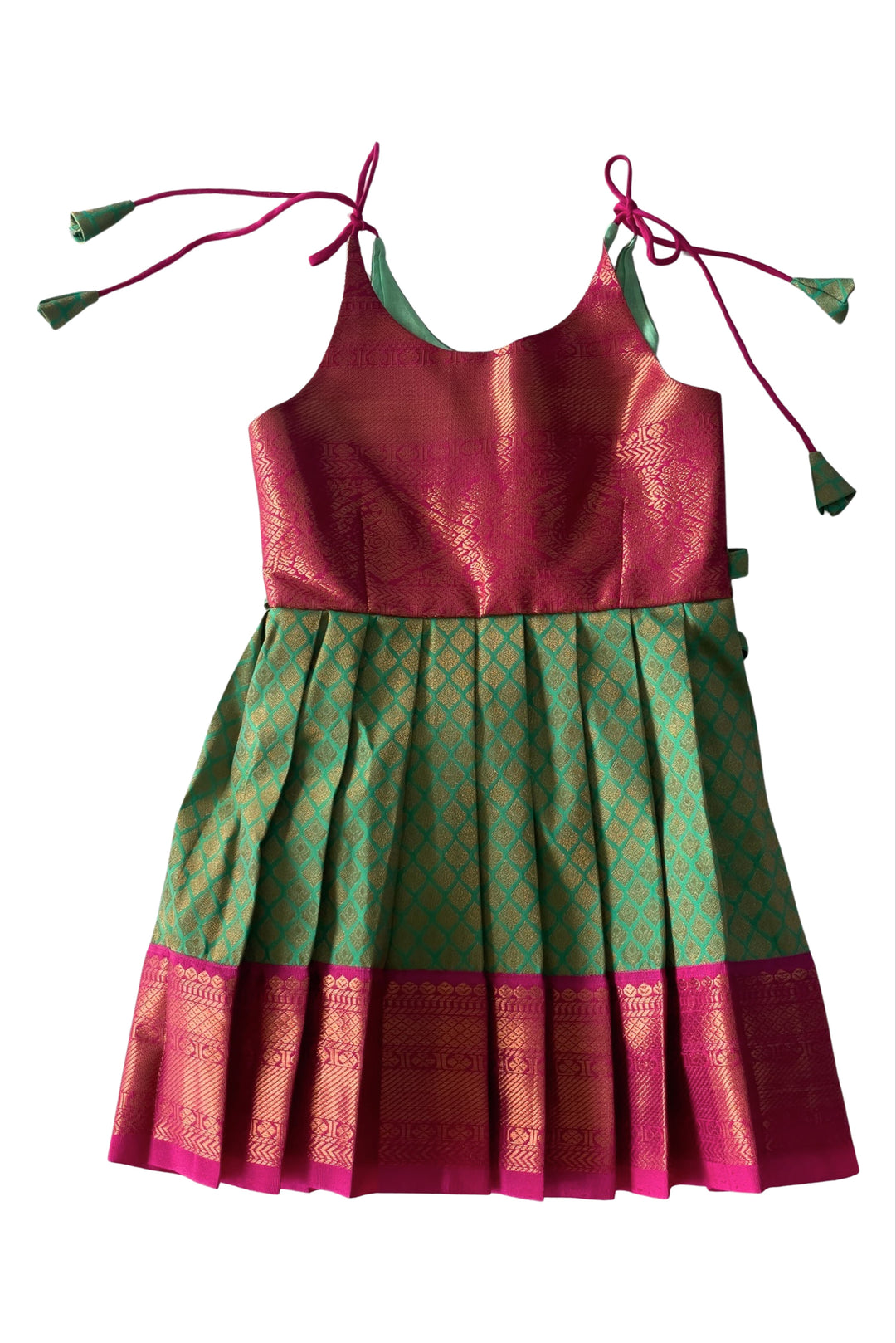 The Nesavu Tie-up Frock Chic Magenta and Green Tie-Up Silk Frock for Girls - Traditional Elegance Nesavu 14 (6M) / Green / Style 4 T304D-14 Girls Magenta & Green Silk Frock | Festive Tie-Up Design | Classic Cultural Attire | The Nesavu