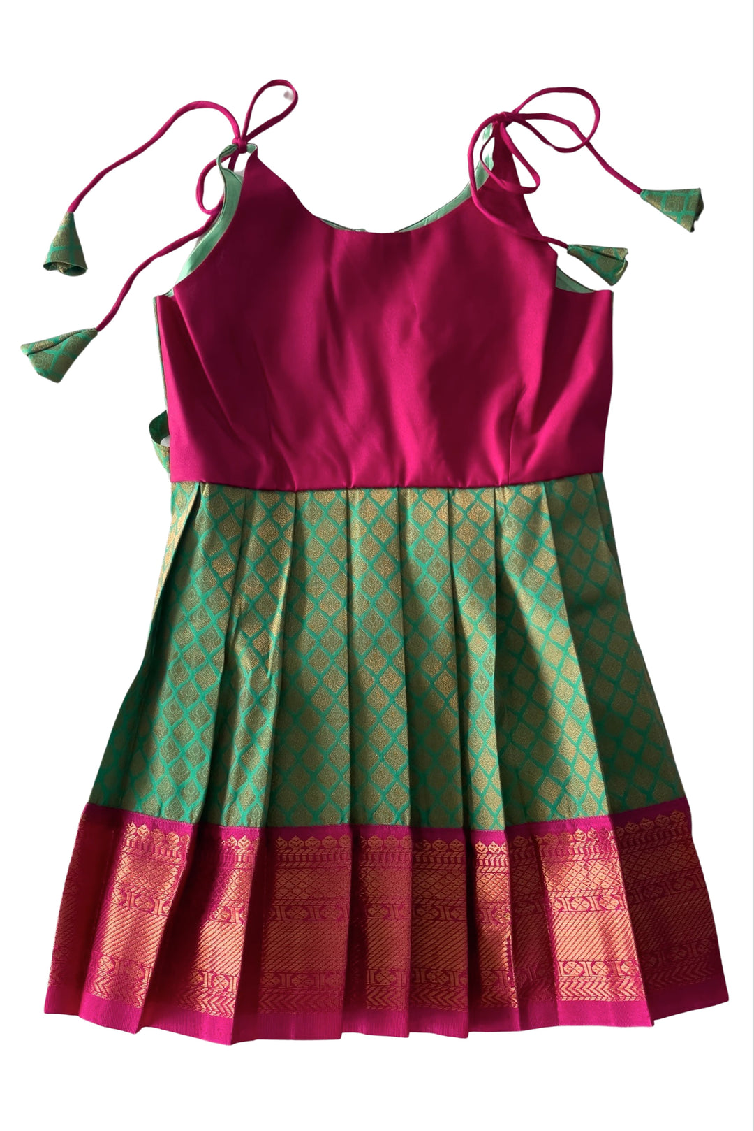 The Nesavu Tie-up Frock Chic Magenta and Green Tie-Up Silk Frock for Girls - Traditional Elegance Nesavu 14 (6M) / Green / Style 5 T304E-14 Girls Magenta & Green Silk Frock | Festive Tie-Up Design | Classic Cultural Attire | The Nesavu