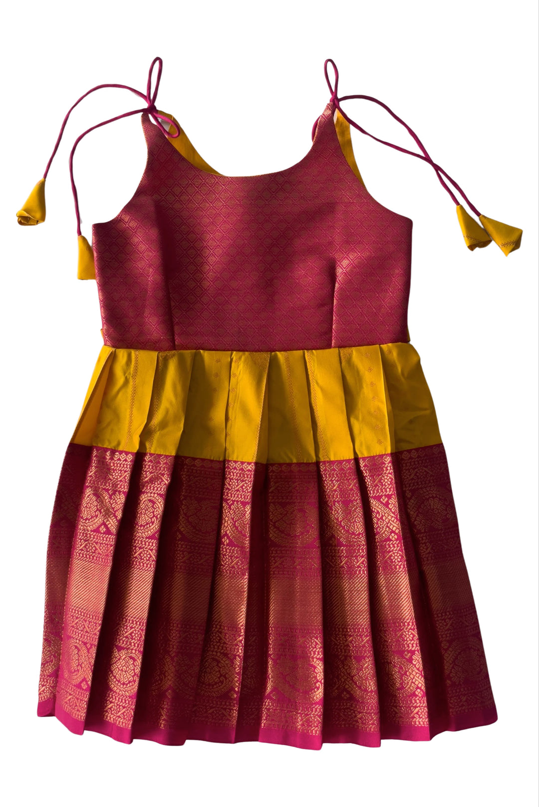 The Nesavu Tie Up Frock Chic Magenta and Mustard Silk Tie-Up Frock – Vibrant Fashion for Festive Occasions Nesavu 18 (2Y) / Yellow / Style 1 T313A-18 Magenta & Mustard Silk Frock | Festive Sleeveless Tie-Up Dress | The Neasvu