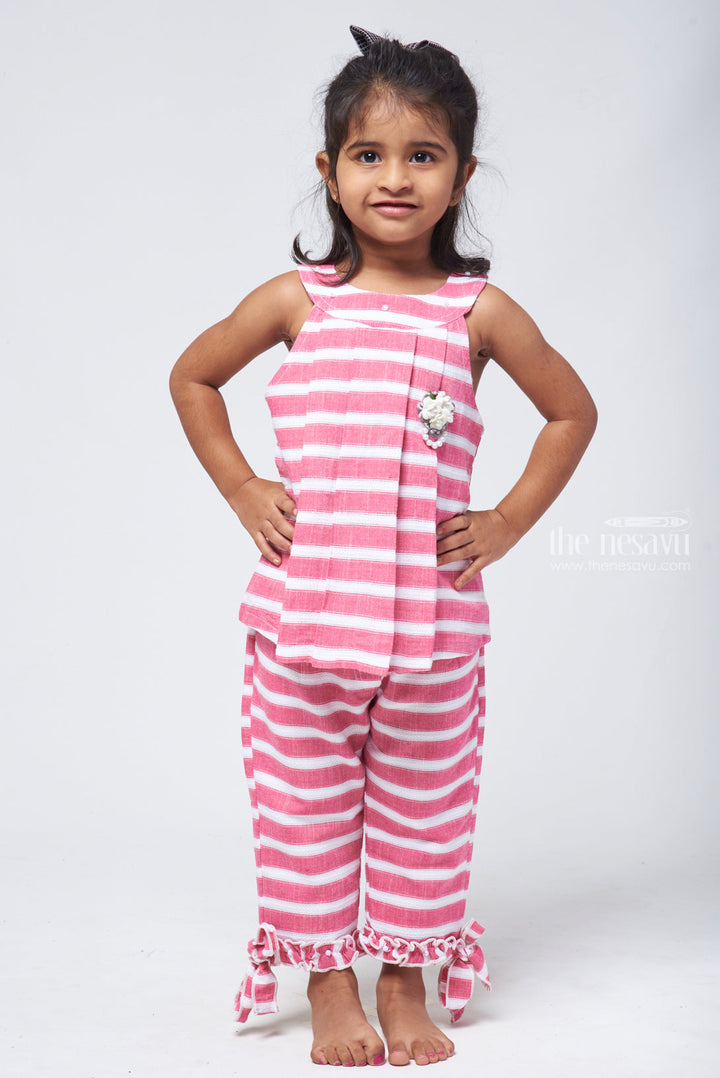 The Nesavu Baby Frock / Jhabla Chic Maroon Striped Halter Jumpsuit for Baby Girls Nesavu 18 (2Y) / Red BFJ426A-18 Fancy Hallter Neck Jumbsuit for Girls | casuals for baby girls | The Nesavu