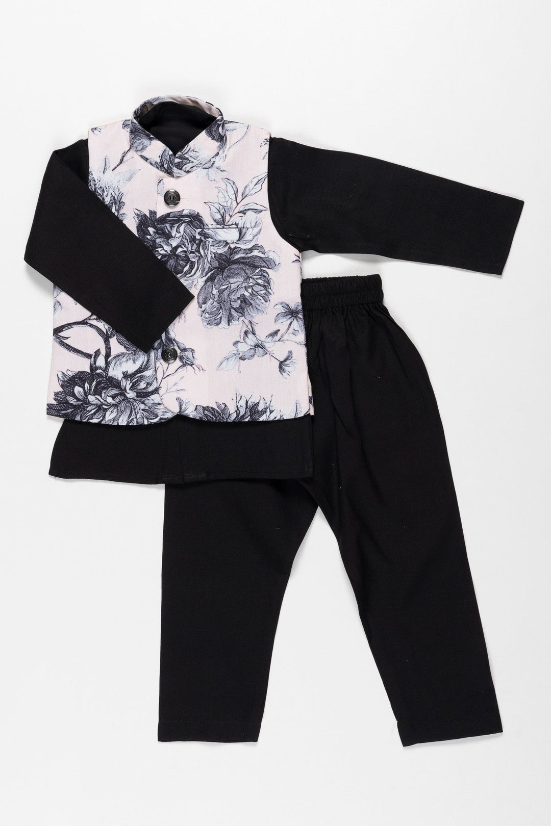 Boys Monochrome Floral Jacket Kurta Pajama Set The Nesavu – The