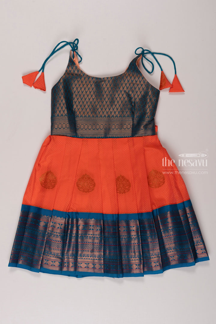 The Nesavu Tie-up Frock Chic Orange Silk Tie-Up Frock for Girls Nesavu 20 (3Y) / Orange / Style 2 T348B-20 Girls Orange Silk Ethnic Frock | Traditional Geometric Design | Festive Wear | The Nesavu