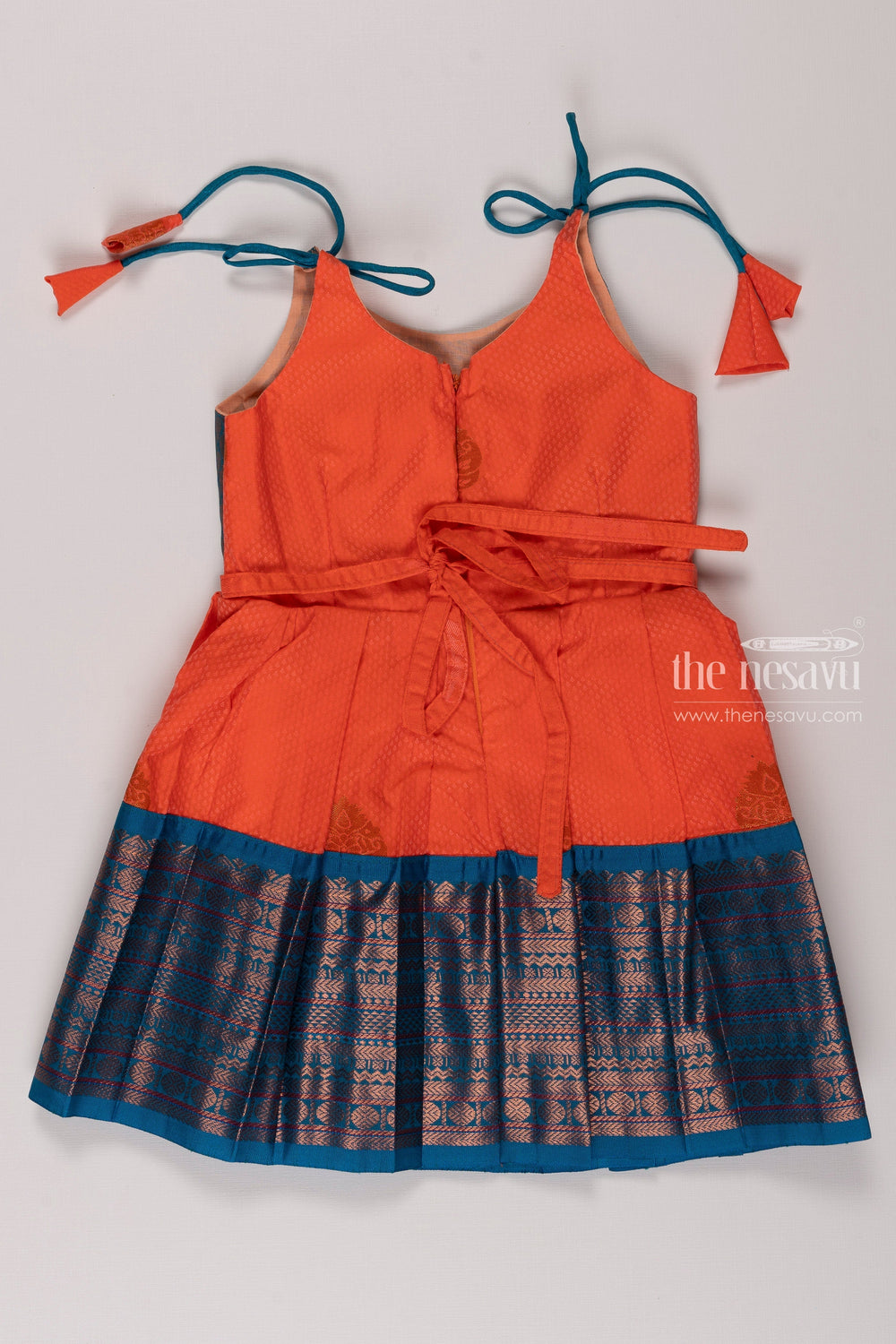 The Nesavu Tie-up Frock Chic Orange Silk Tie-Up Frock for Girls Nesavu Girls Orange Silk Ethnic Frock | Traditional Geometric Design | Festive Wear | The Nesavu