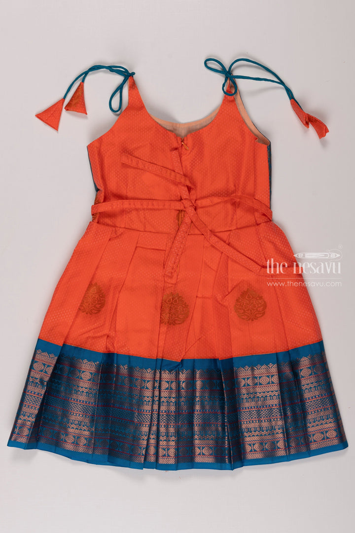 The Nesavu Tie-up Frock Chic Orange Silk Tie-Up Frock for Girls Nesavu Girls Orange Silk Ethnic Frock | Traditional Geometric Design | Festive Wear | The Nesavu