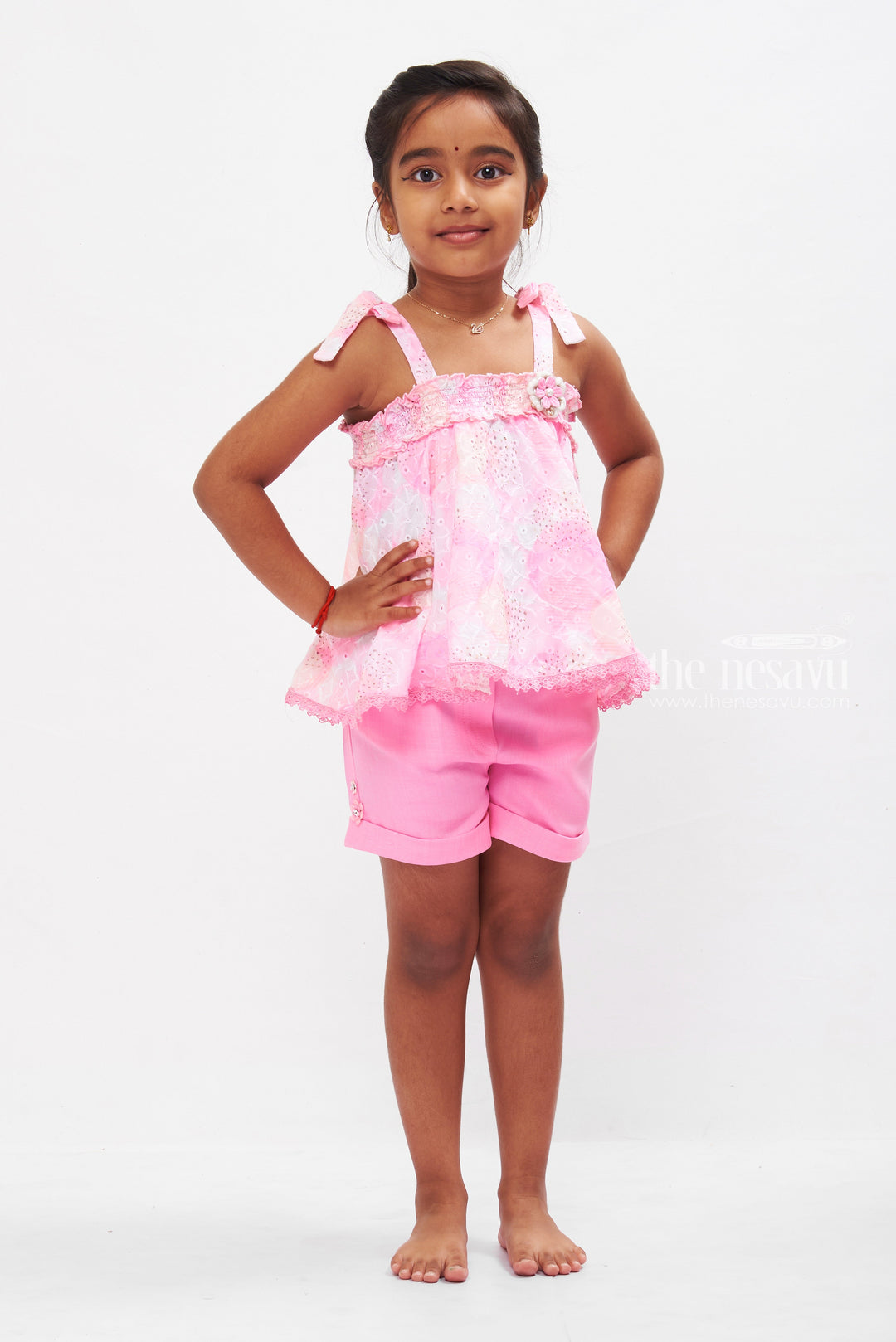 The Nesavu Baby Casual Sets Chic Pink Lace Halter Top & Shorts Ensemble for Girls Nesavu 18 (2Y) / Pink BFJ514B-18 Girls Pink Halter Set | Lace Detail Shorts | Trendy Summer Kids Wear | The Nesavu