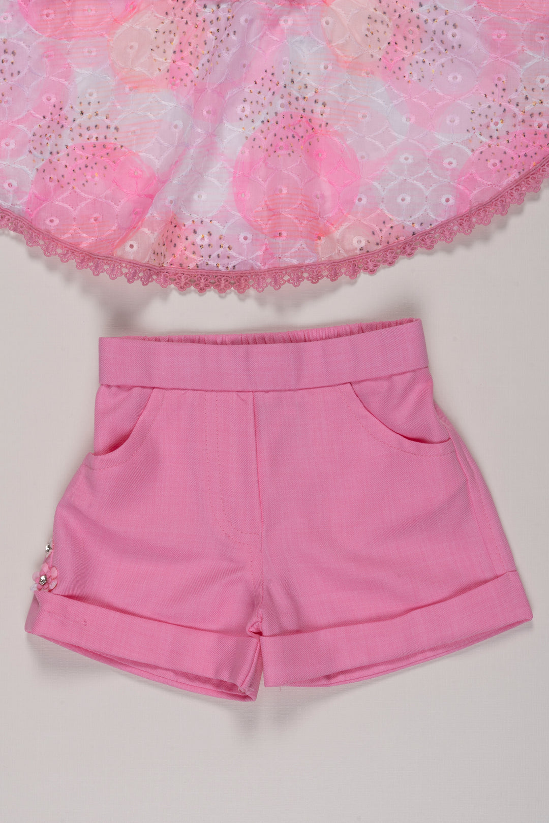 The Nesavu Baby Casual Sets Chic Pink Lace Halter Top & Shorts Ensemble for Girls Nesavu Girls Pink Halter Set | Lace Detail Shorts | Trendy Summer Kids Wear | The Nesavu