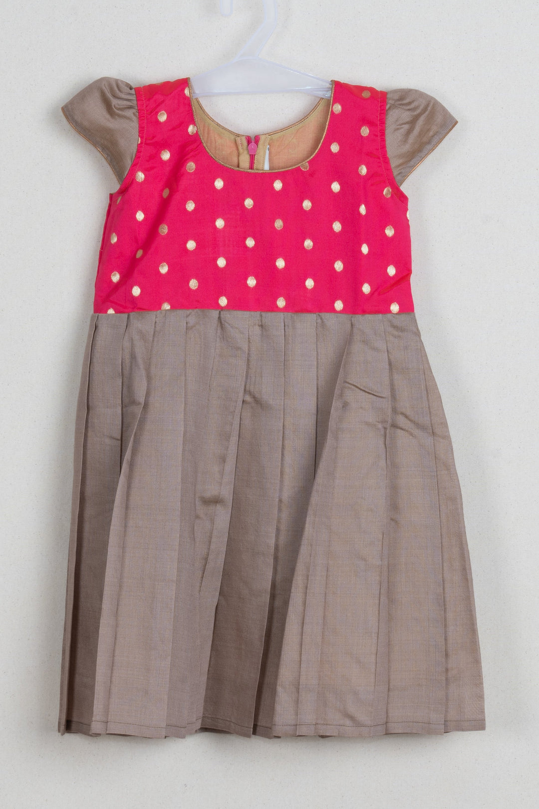 The Nesavu Silk Frock Chic Reshme Frock in Brown with Polka Dot Designer Pink Yoke Nesavu 16 (1Y) / Beige SF598-16 Knief Pleated Silk Frock | Brown Silk Frock for Girls | The Nesavu