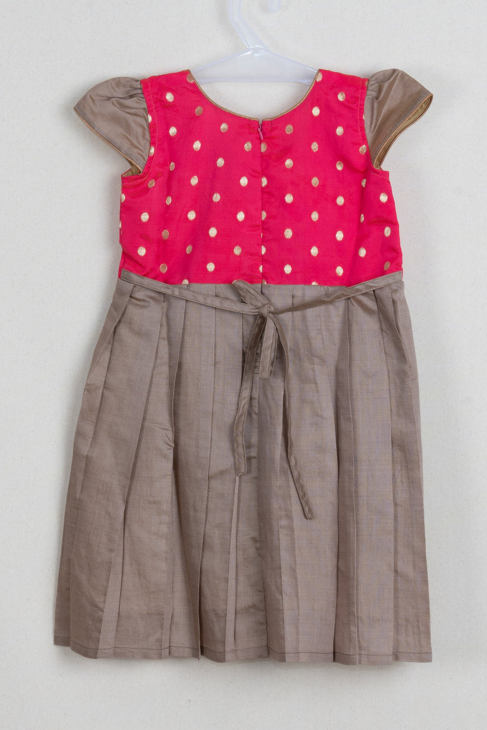 The Nesavu Silk Frock Chic Reshme Frock in Brown with Polka Dot Designer Pink Yoke Nesavu Knief Pleated Silk Frock | Brown Silk Frock for Girls | The Nesavu