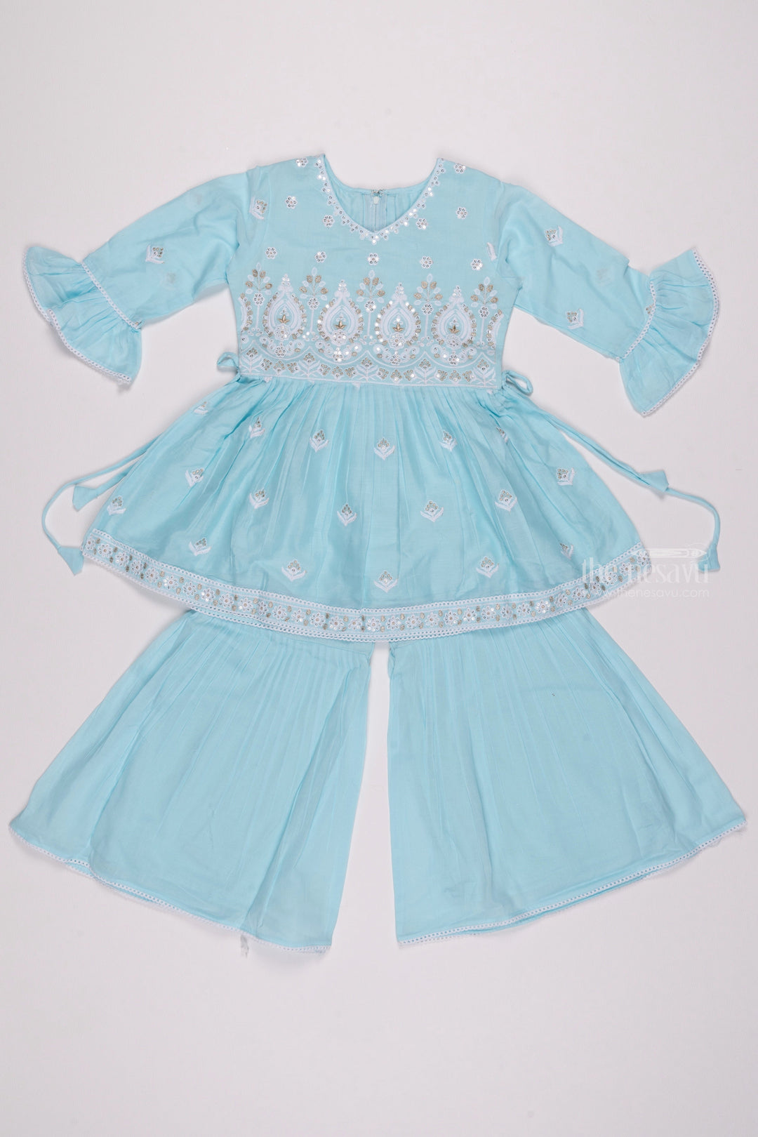 The Nesavu Girls Sharara / Plazo Set Chic Sequin Embroidered Pleated Kurti with Solid Sharara & Dupatta Ensemble for Girls Nesavu 24 (5Y) / Blue / Cotton GPS195A-24 Trendy and Latest Kurti and Sharara Set for Kids | Vibrant Designs | The Nesavu