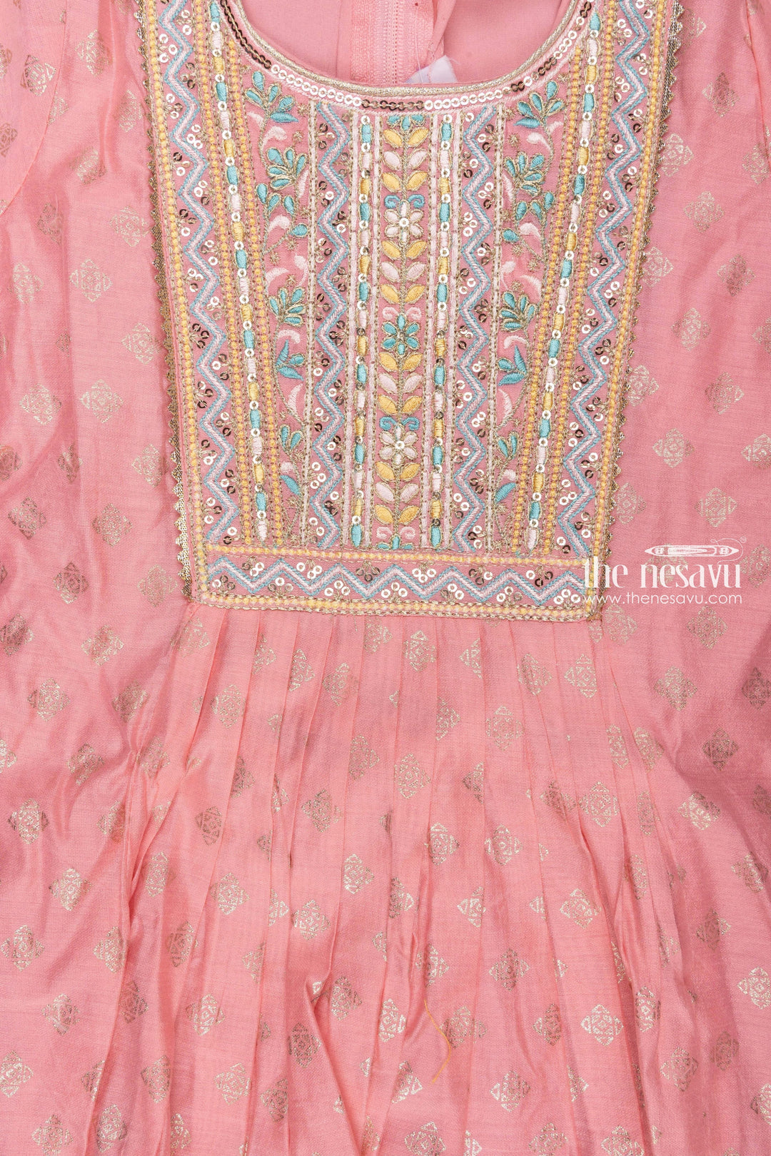 The Nesavu Girls Sharara / Plazo set Chic Sequin Foil Printed Pink Kurti & Yellow Sharara: Traditional Beauty for Girls Nesavu Embroidered Kurti With Sharara Pant Set | Girls Festive Wear Collections | the Nesavu