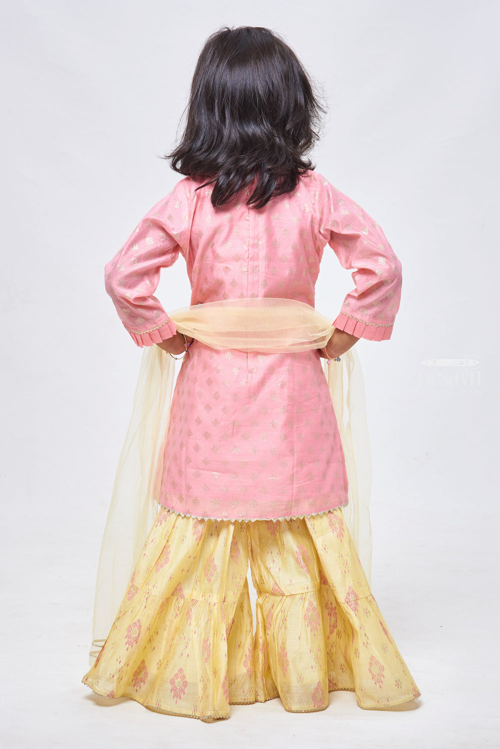 The Nesavu Girls Sharara / Plazo Set Chic Sequin Foil Printed Pink Kurti & Yellow Sharara: Traditional Beauty for Girls Nesavu Embroidered Kurti With Sharara Pant Set | Girls Festive Wear Collections | the Nesavu