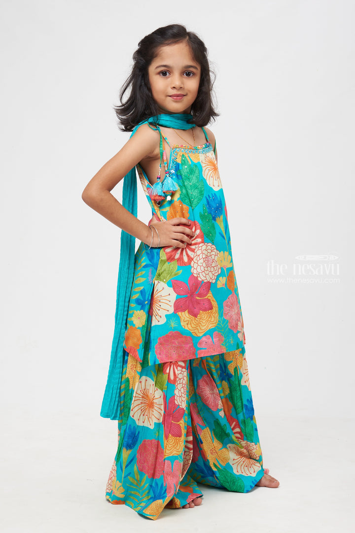 The Nesavu Girls Sharara / Plazo Set Chic Turquoise Ensemble: Floral Print Designer Top & Gharara for Trendsetting Girls- Gharara Designer Suit for Wedding Nesavu Stylish Kurti with Gharara for Kids | Designer Gharara pant set for girls | The Nesavu