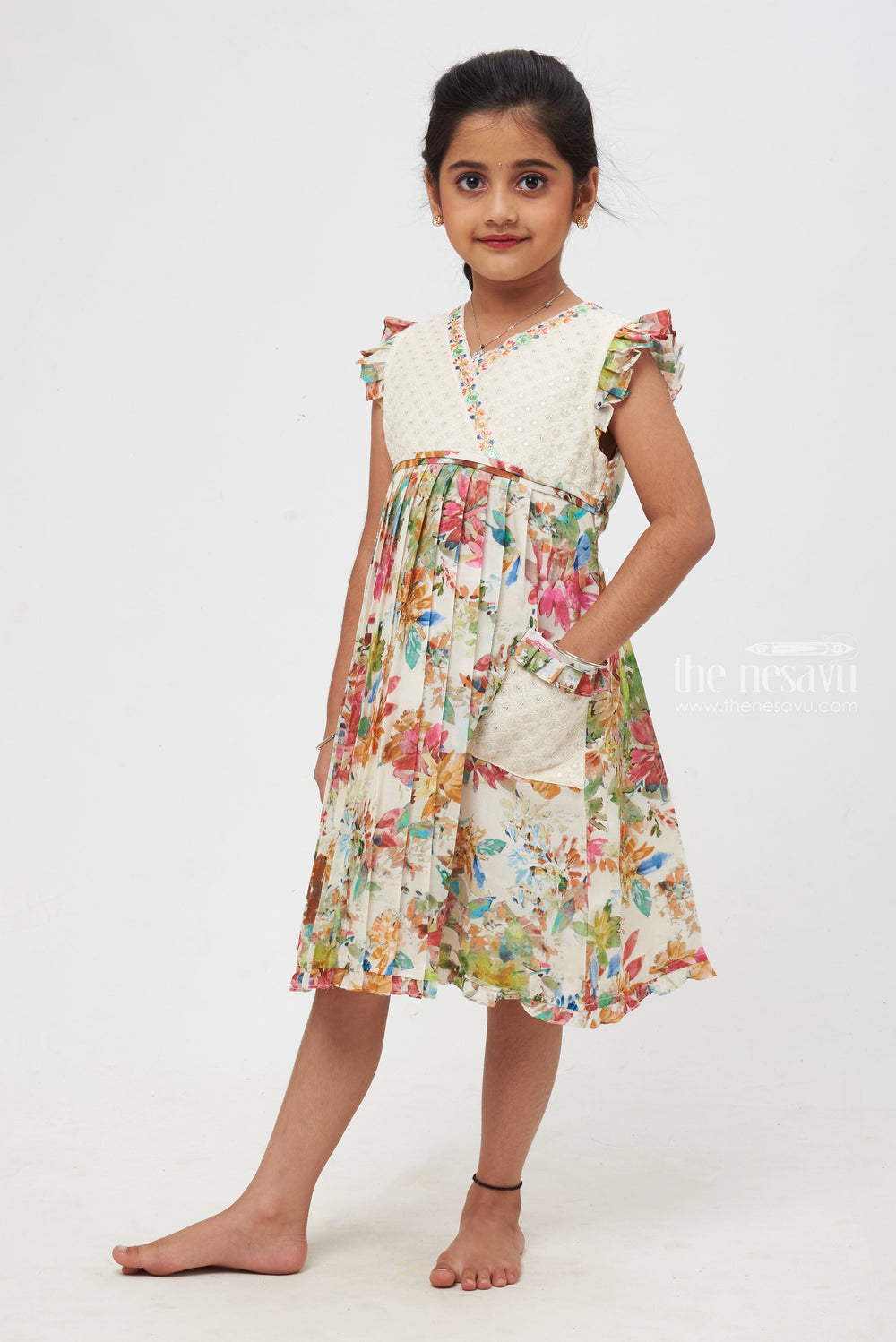 The Nesavu Girls Cotton Frock Chic White Elegance: Cotton Frock with Lucknow Chikan Yoke for Girls Nesavu Cotton Frocks in Diverse Designs for Girl | Cute and Simple Cotton Frocks for Toddlers | The Nesavu