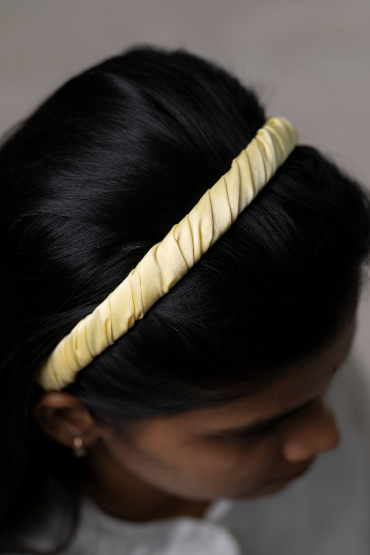 The Nesavu Hair Band Chic Yellow Ruched Satin Hairband Nesavu Yellow JHB84B Stylish Yellow Ruched Satin Hairband for All Occasions | The Nesavu