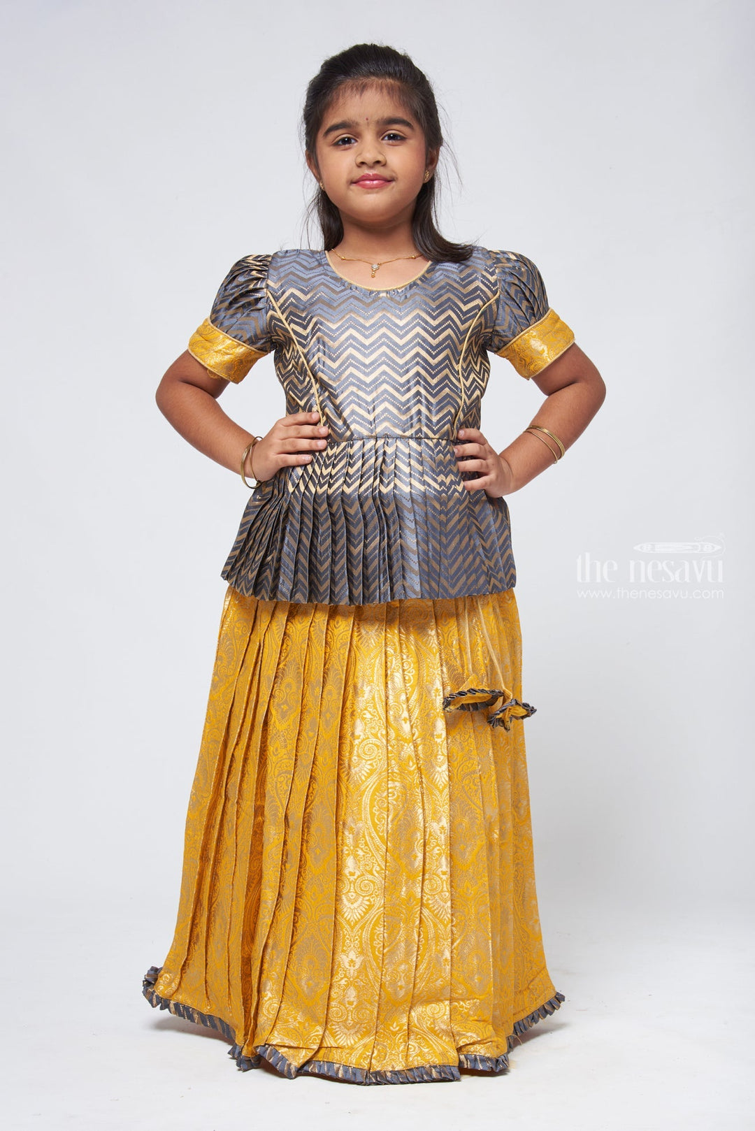 The Nesavu Pattu Pavadai Chic Zig Zag Gray Peplum Top with Banarasi Designer Pattu Pavadai: Festive Delight for Girls Nesavu 14 (6M) / Yellow GPP301A-14 Banarasi Designer Yellow Pattu Pavadai | Pattu Pavadai New Model | The Nesavu