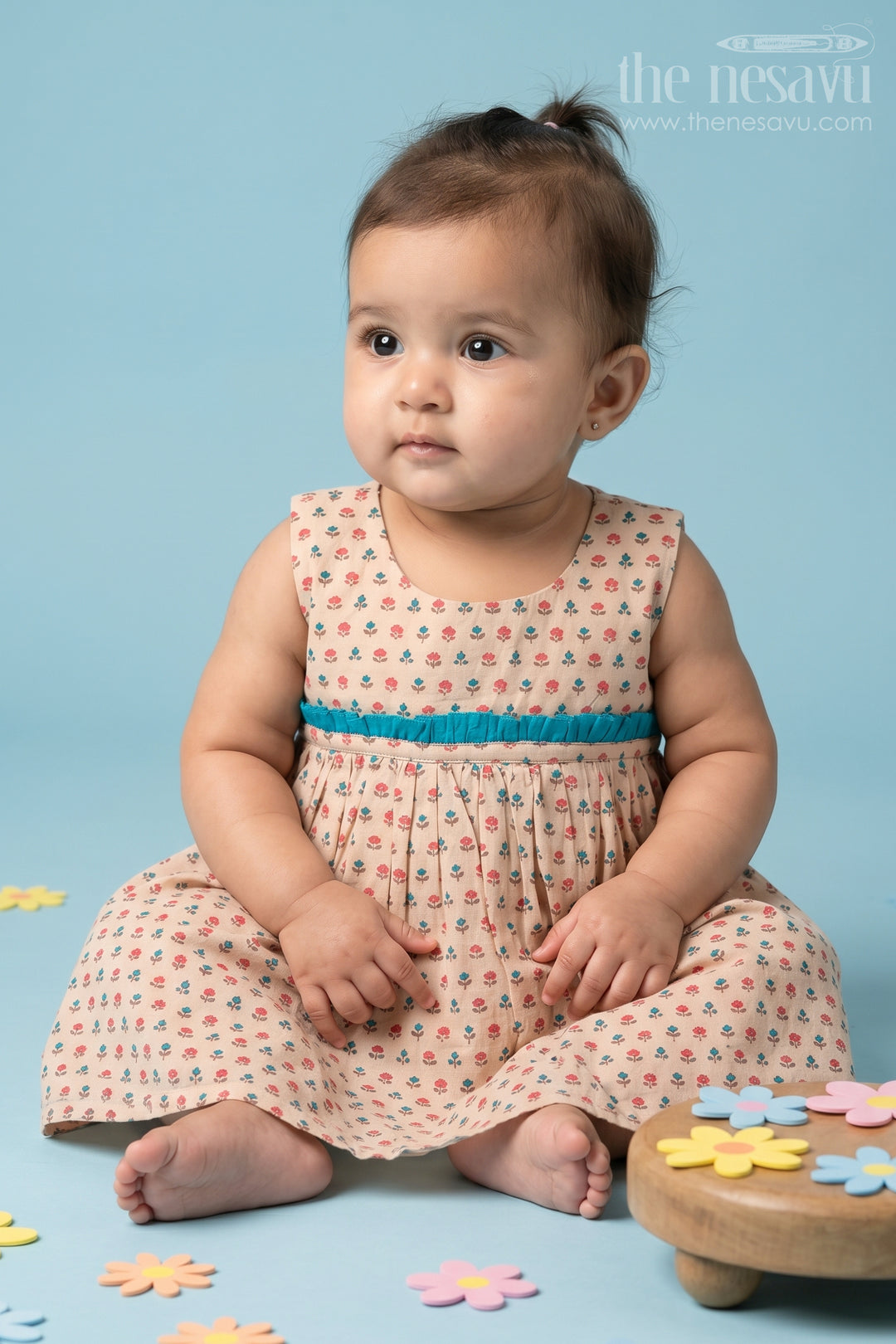 The Nesavu Baby Cotton Frocks Chicco Base Cotton Baby Frock with Mughal Motif Buttis and Pleats Nesavu 10 (NB) / Beige BFJ614B-10 Chicco Base Cotton Baby Frock with Mughal Motif Buttis and Pleats Nesavu