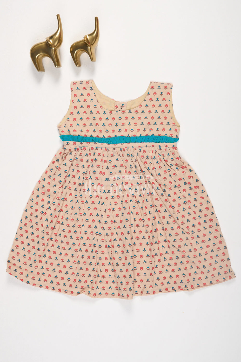 The Nesavu Baby Cotton Frocks Chicco Base Cotton Baby Frock with Mughal Motif Buttis and Pleats Nesavu 10 (NB) / Beige BFJ614B-10 Chicco Base Cotton Baby Frock with Mughal Motif Buttis and Pleats Nesavu