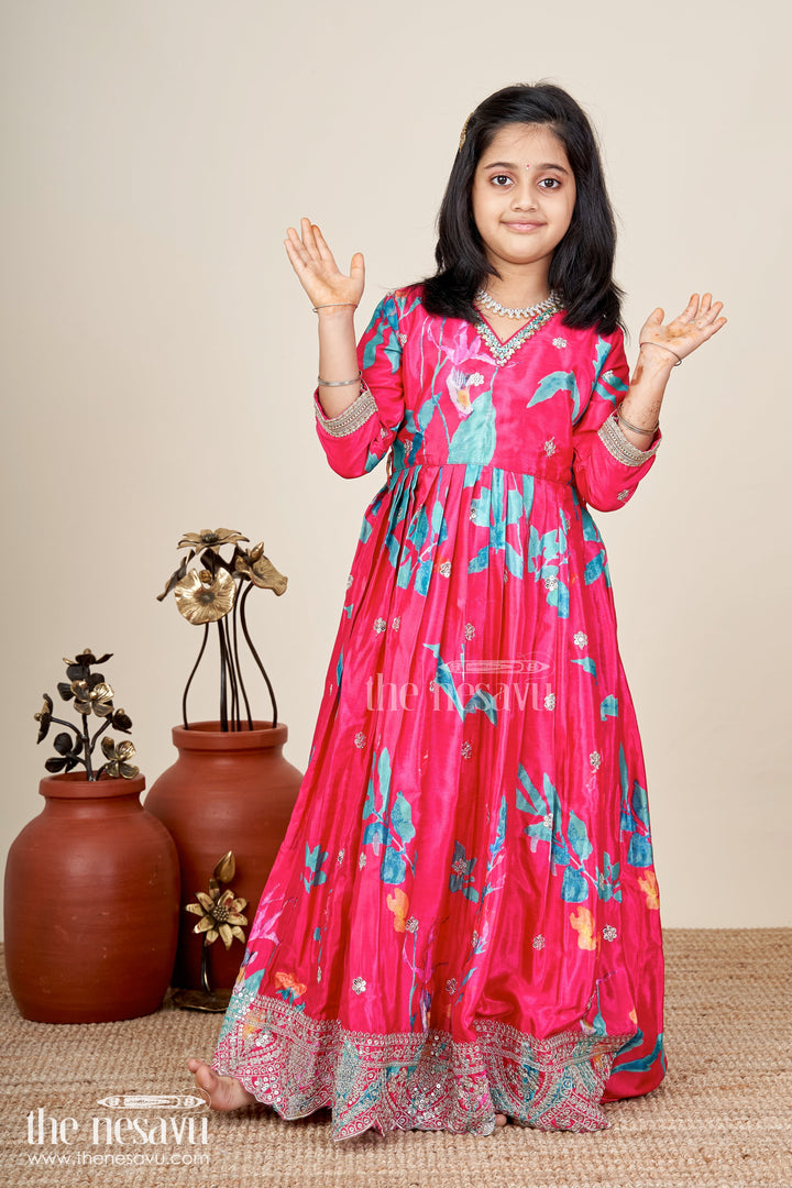 The Nesavu Girls Silk Gown Chiffon Anarkali Dress Evening Party Gown For Girls Nesavu 26 (6Y) / Pink GA335A-26 Nesavu Muslin Silk Girls Chiffon Anarkali Dress Floral Digital Print Elegant Evening Occasions