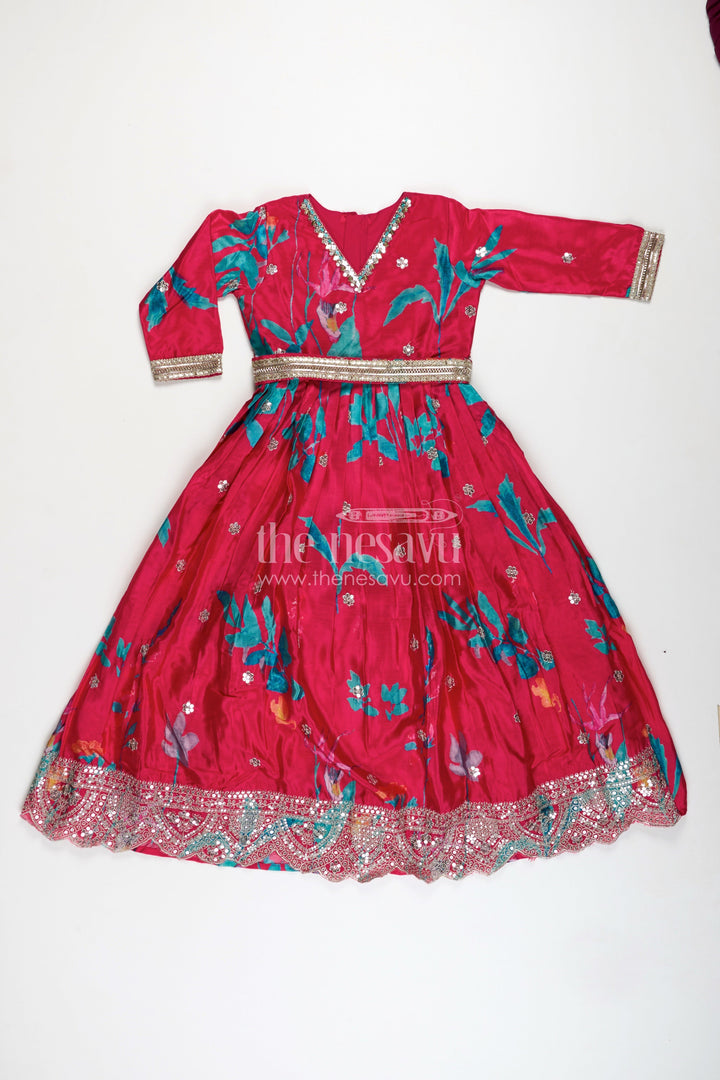 The Nesavu Girls Silk Gown Chiffon Anarkali Dress Evening Party Gown for Girls Nesavu Nesavu Muslin Silk Girls Chiffon Anarkali Dress Floral Digital Print Elegant Evening Occasions