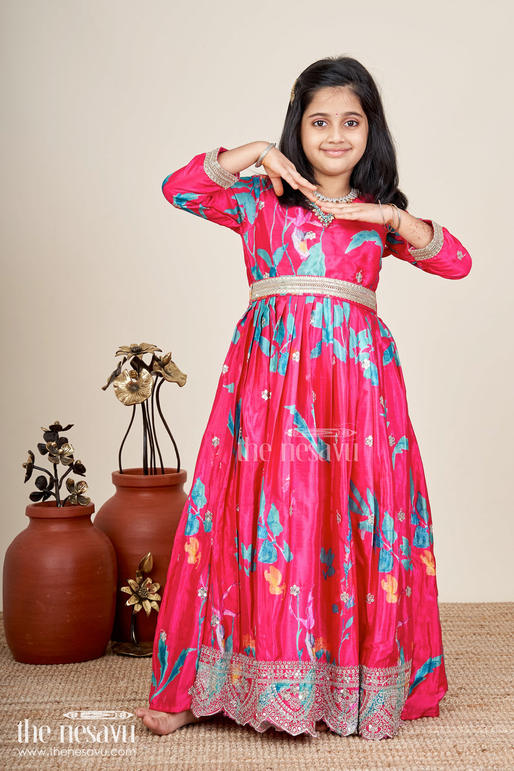 The Nesavu Girls Silk Gown Chiffon Anarkali Dress Evening Party Gown For Girls Nesavu Nesavu Muslin Silk Girls Chiffon Anarkali Dress Floral Digital Print Elegant Evening Occasions