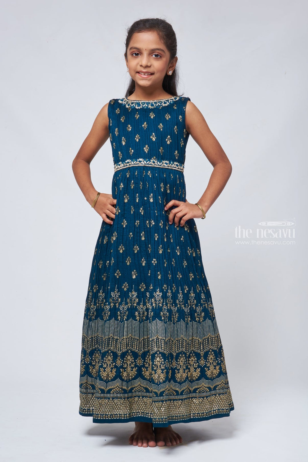 The Nesavu Silk Gown Childrens Floral Anarkali Emerald Elegance with Rhine Stones Embroidery - Traditional Ethnic Gown for Girls Nesavu 24 (5Y) / Blue / Chinnon GA141A-24 Long Anarkali For Girls | Little Girl Anarkali Outfit | The Nesavu