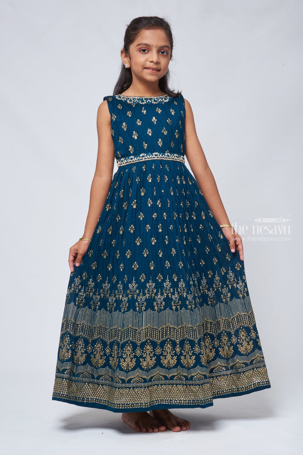 The Nesavu Silk Gown Childrens Floral Anarkali Emerald Elegance with Rhine Stones Embroidery - Traditional Ethnic Gown for Girls Nesavu Long Anarkali For Girls | Little Girl Anarkali Outfit | The Nesavu