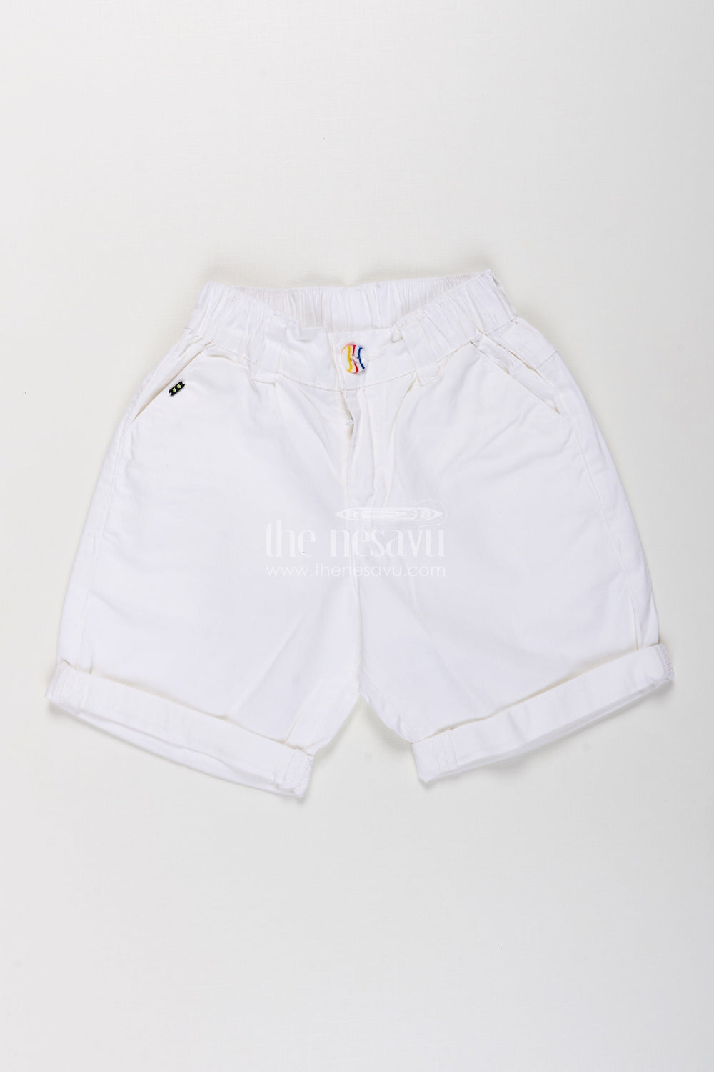 The Nesavu Boys Shorts Childrens Shorts for Boys in Off White Cotton with Turned Hems and Elastic Waist Fit Nesavu Childrens Shorts Boys Off White Cotton Rolled Hem Button Waist | The Nesavu