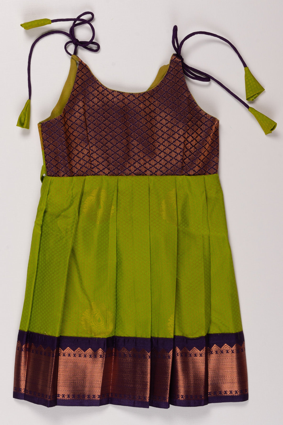 The Nesavu Tie Up Frock Citrus Charm Green Brocade Silk TieUp Frock - Vibrant Elegance Nesavu 14 (6M) / Green / Style 4 T335D-14 Brocade Silk Frock in Lime Green | Festive & Fashion-Forward | The Nesavu