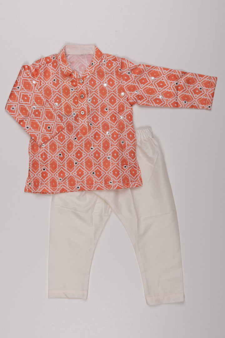 The Nesavu Boys Kurtha Set Citrus Charm: Mirror-Embroidered Geometric Printed Orange Kurta Shirt & Pant Set for Boys Nesavu 14 (6M) / Orange / Silk Blend BES400A-14 Premium Boys Kurta with Pant Collections | Traditional Elegance Redefined | The Nesavu