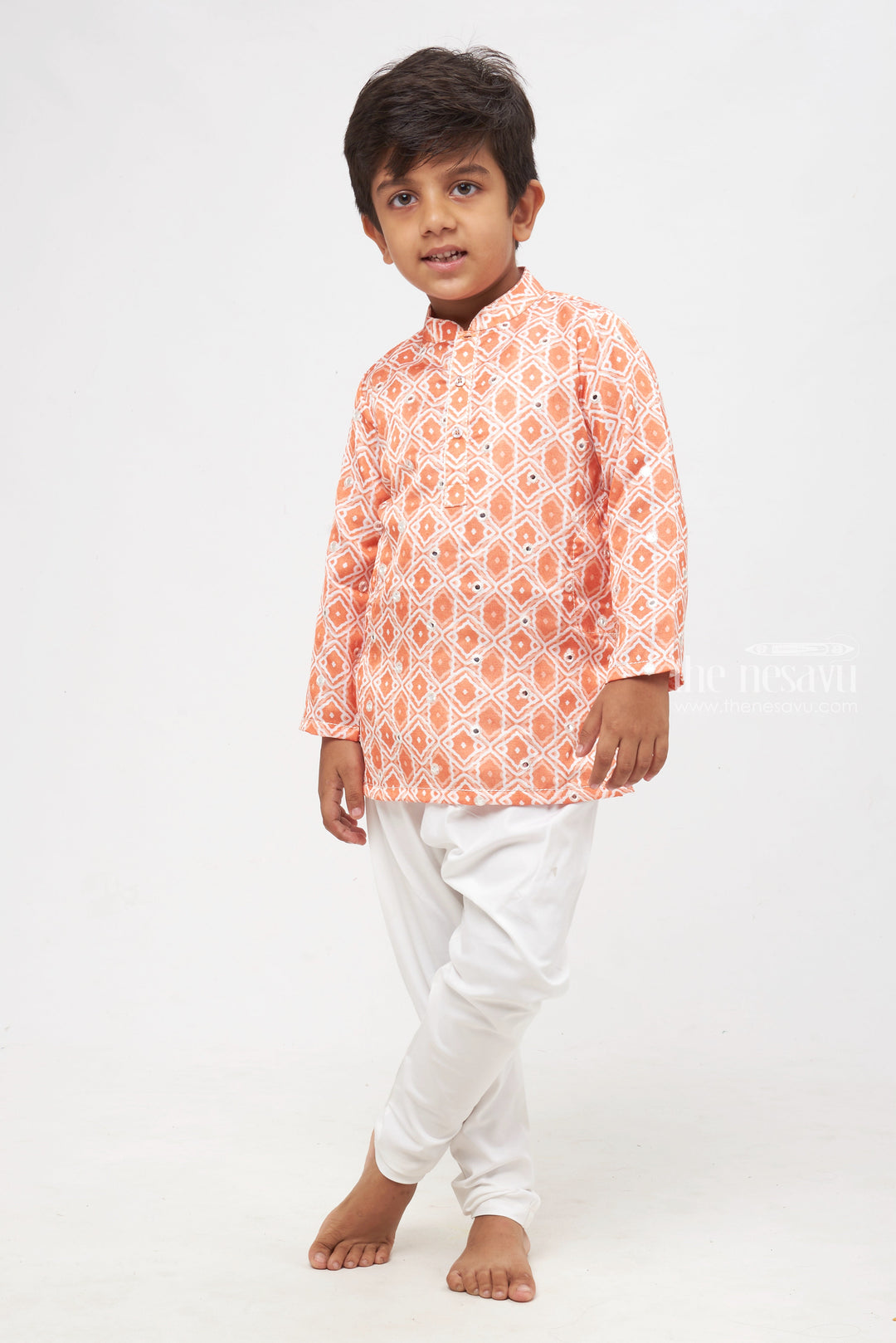 The Nesavu Boys Kurtha Set Citrus Charm: Mirror-Embroidered Geometric Printed Orange Kurta Shirt & Pant Set for Boys Nesavu Premium Boys Kurta with Pant Collections | Traditional Elegance Redefined | The Nesavu