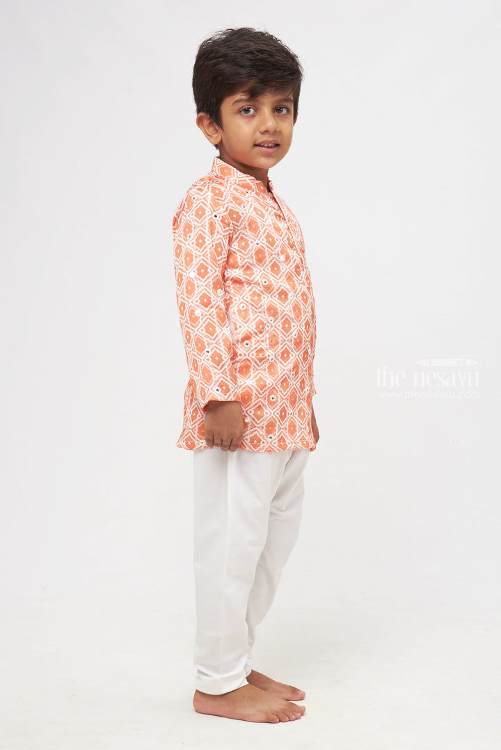 The Nesavu Boys Kurtha Set Citrus Charm: Mirror-Embroidered Geometric Printed Orange Kurta Shirt & Pant Set for Boys Nesavu Premium Boys Kurta with Pant Collections | Traditional Elegance Redefined | The Nesavu