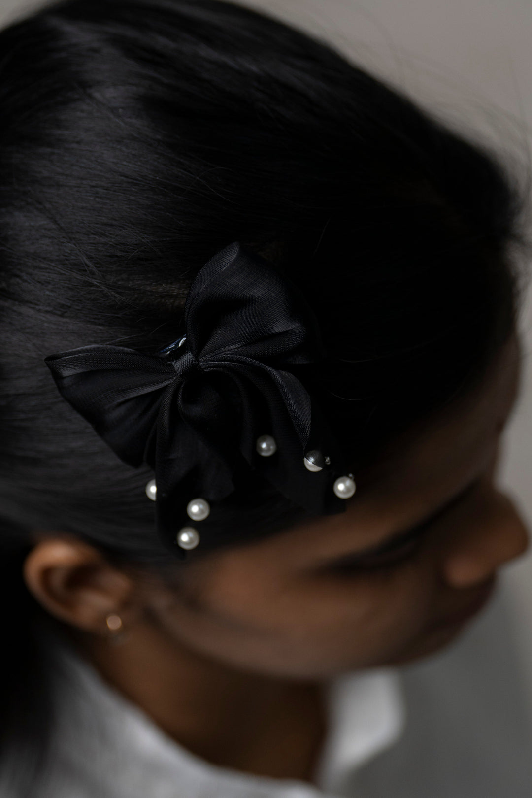 The Nesavu Hair Clip Classic Black Satin Pearl Hair Clip for Versatile Elegance Nesavu Black JHCL76B Elegant Black Satin Bow Hair Clip with Pearls | Chic Accessory for Every Occasion | The Nesavu