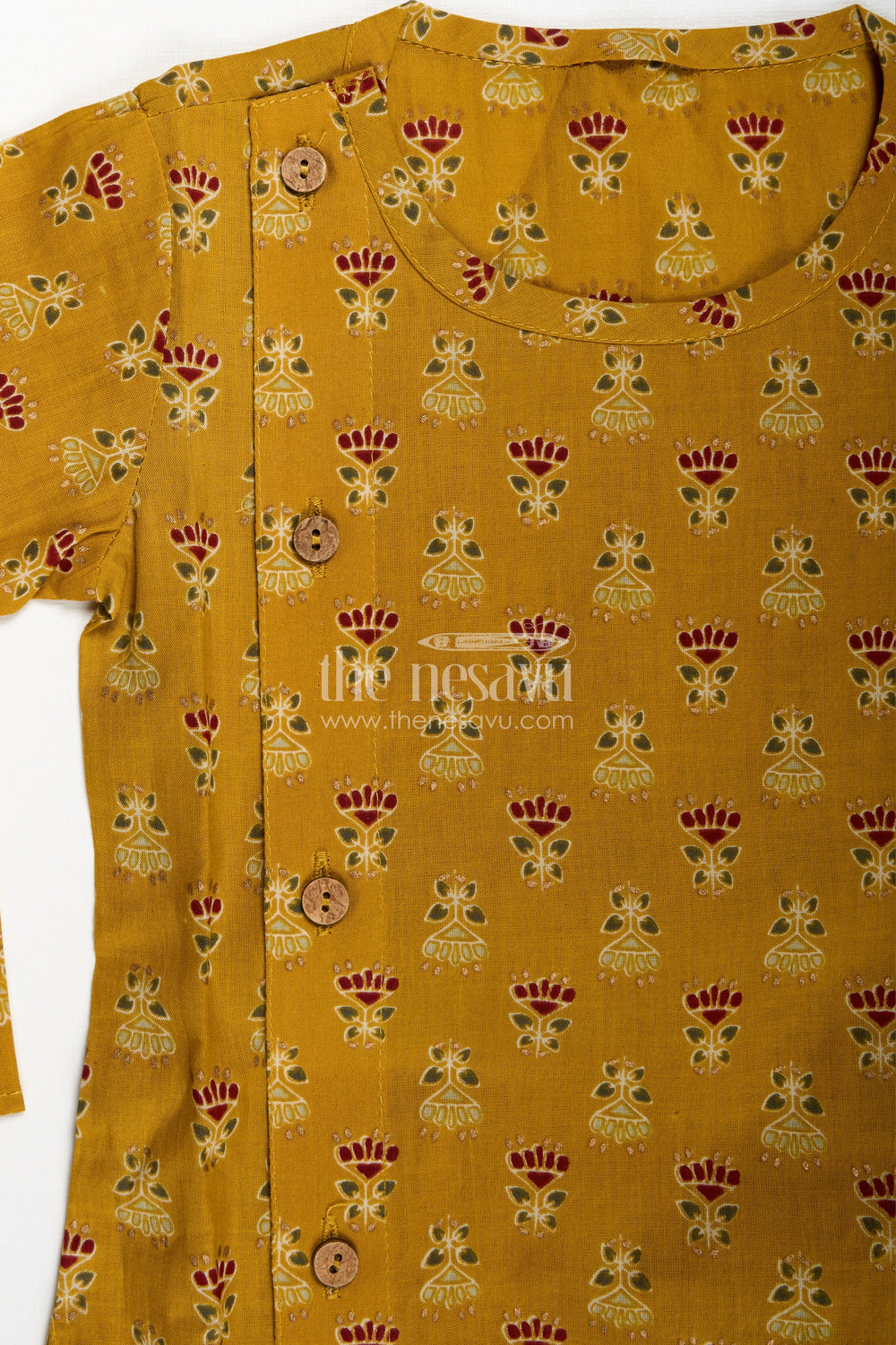 The Nesavu Boys Dothi Set Classic Dhoti Kurta for Boys Engagement Party Style Nesavu Nesavu Mustard Yellow Cotton Boys Dhoti Set Block Printed Kurta Wedding Party Wear