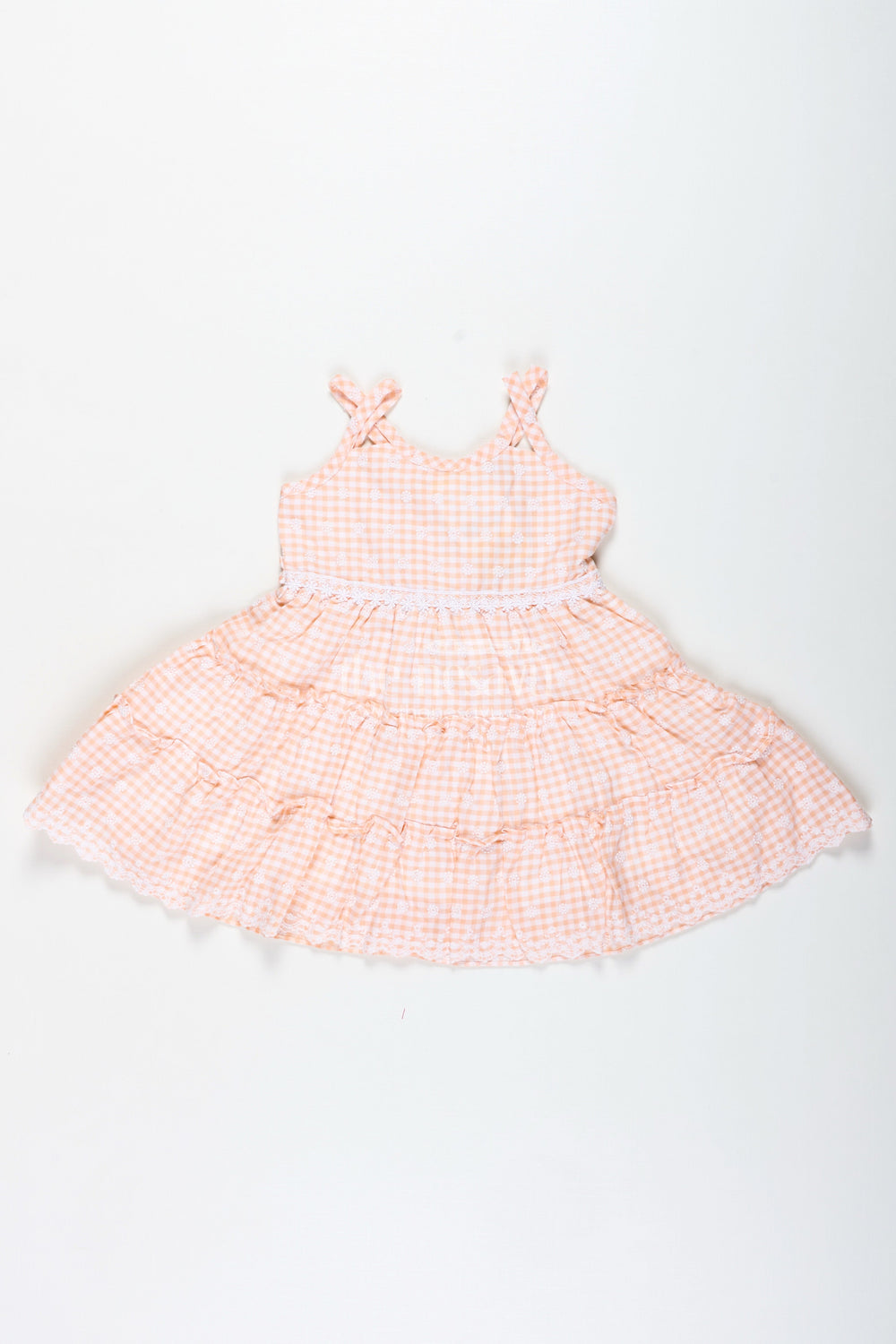 The Nesavu Girls Fancy Frock Classic Floral Frock for Girls Elegant Everyday Wear Nesavu 18 (2Y) / Peach GFC1820A-18 Nesavu Girls Classic Floral Frock Peach Cotton Embroidery Gingham Tiered Skirt Design