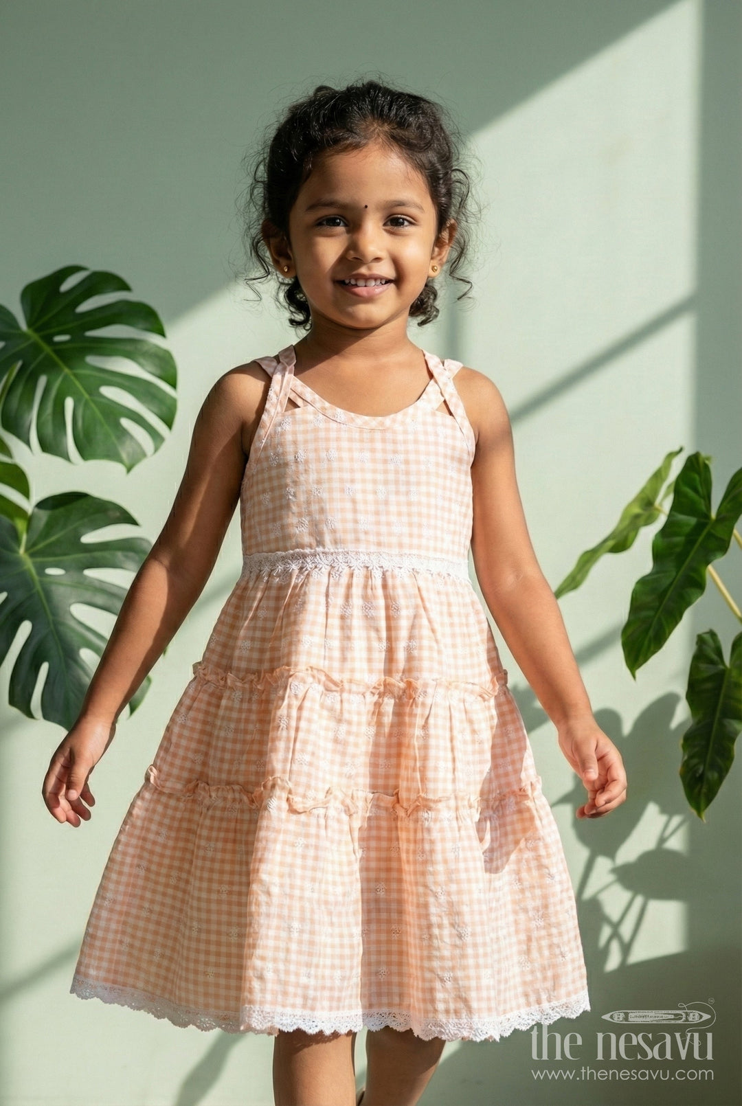 The Nesavu Girls Fancy Frock Classic Floral Frock for Girls Elegant Everyday Wear Nesavu 18 (2Y) / Peach GFC1820A-18 Nesavu Girls Classic Floral Frock Peach Cotton Embroidery Gingham Tiered Skirt Design