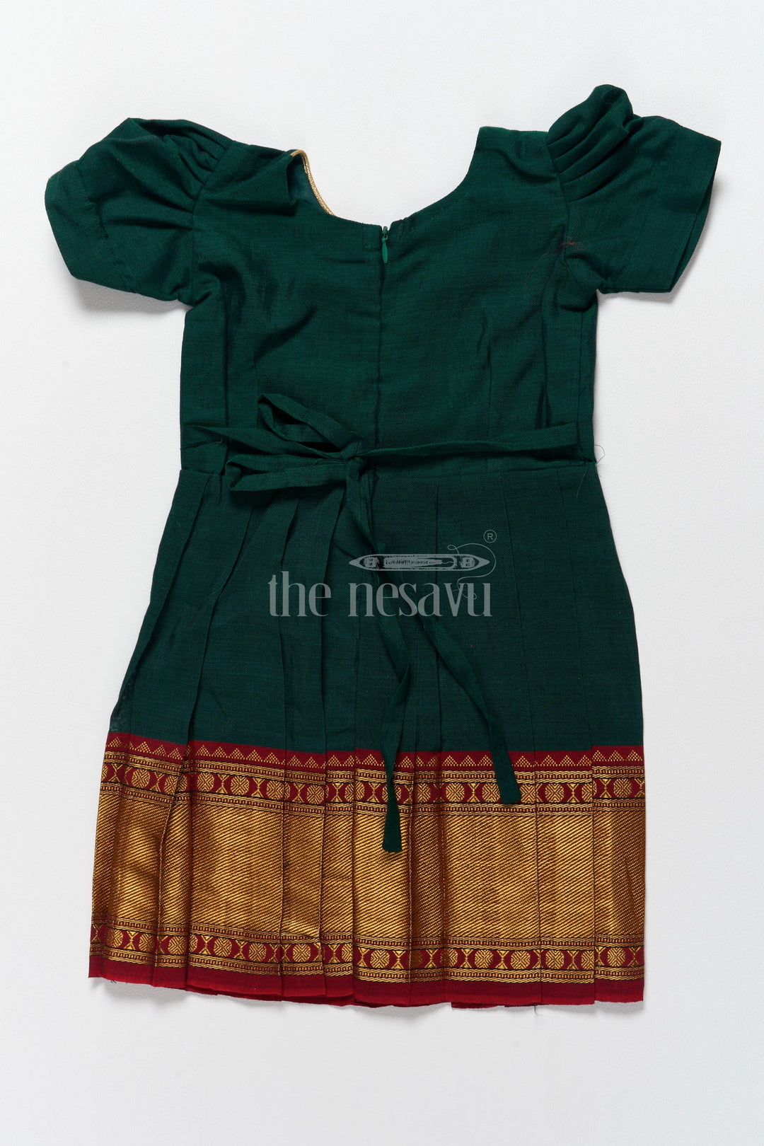 The Nesavu Silk Frock Classic Green and Gold Online Frock for Kids with Jacquard Silk and Puff Sleeves Nesavu Nesavus Green Gold Online Jacquard Silk Frock Kids Elegant Detailing