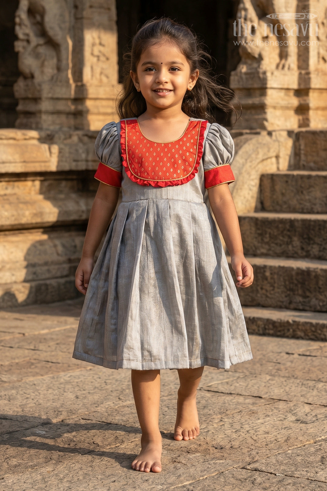 The Nesavu Silk Frock Classic Grey Silk Full Frock for Girls with Vibrant Red and Gold Accents Nesavu 14 (6M) / Gray SF759L-14 Nesavus Grey Silk Full Frock Girls Red Yoke Golden Detailing